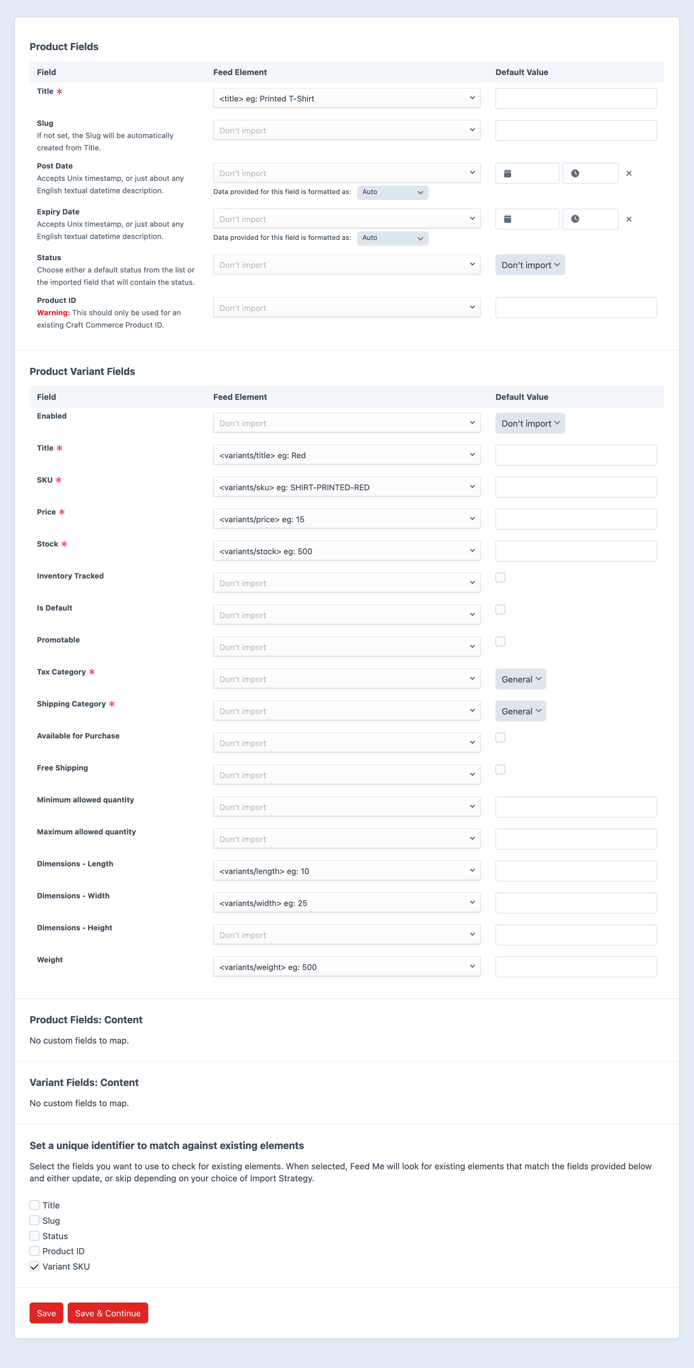 Mapping fields for a multi-variant import